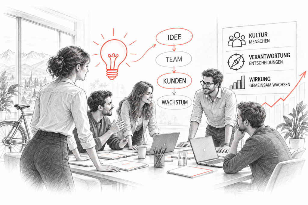 Ein Team arbeitet gemeinsam an einer Gr&uuml;ndungsidee und bespricht Rollen und Verantwortung.