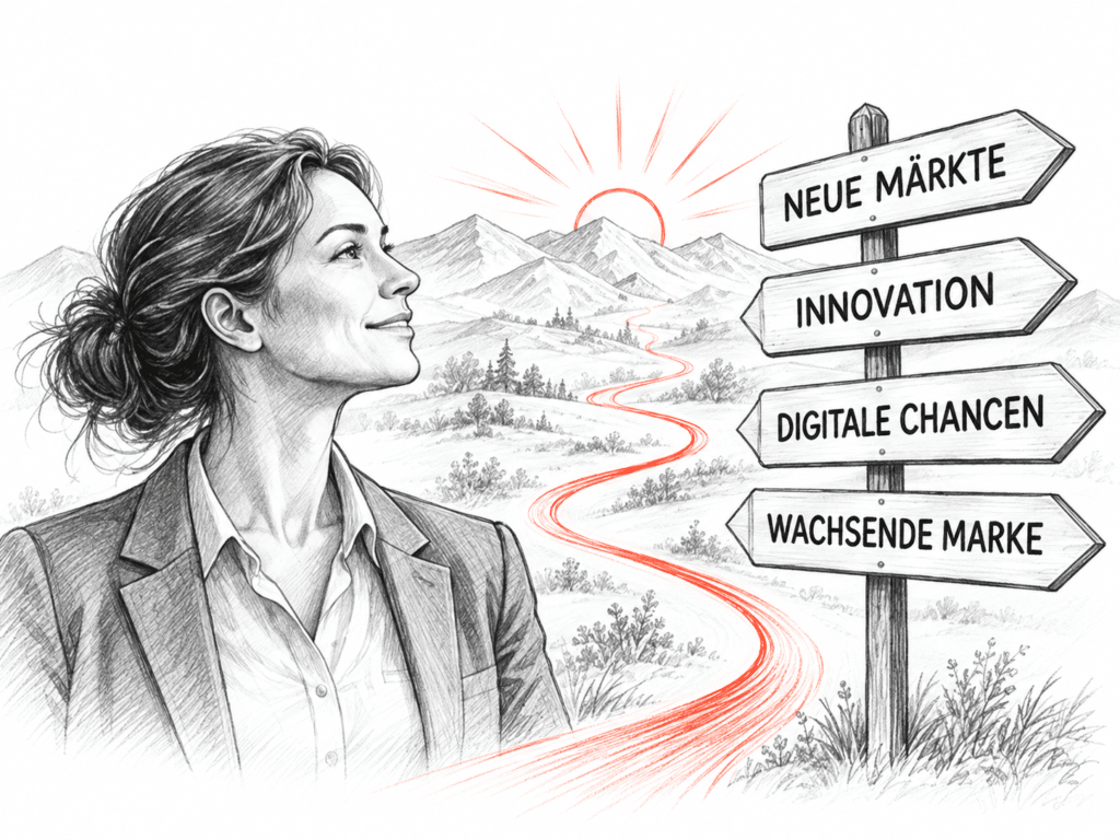 Eine Frau blickt auf Wegweiser zu neuen M&auml;rkten, Innovation und digitalen Chancen.